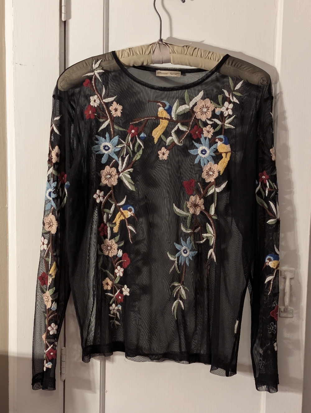Zara Sheer Mesh Top, L, Embroidered Front & Sleeves, Black and Tropical, GUC